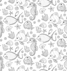 Vector hand drawn seamless pattern with fish, shells and seaweeds. Ocean background.