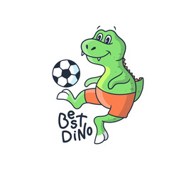 The funny dino boy playing soccer. Cartoonish sport dinosaur