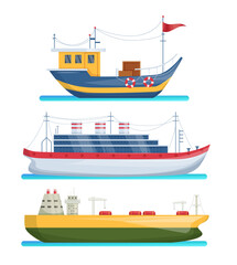 Maritime ships at sea, shipping boats, cargo cruise ship, steamship, vessel, battleship, tanker. Water transportation boat tourism transport vector