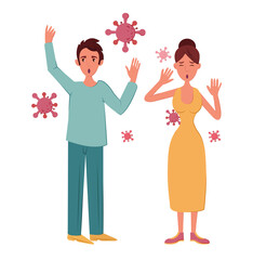 Man and woman are worried, wary of viruses, vector cartoon.