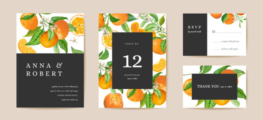 Botanical wedding invitation card, vintage Save the Date mandarin, citrus template design watercolor illustration - obrazy, fototapety, plakaty