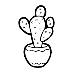 Doodle cartoon cactus nursery decoration, black line hand drawn for coloring and any design. Vector illustration of kid art.