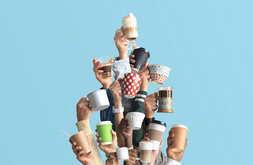 People are holding mugs and paper cups of coffee. Concept on the theme of cafes and coffee. Christmas tree. - 384950416