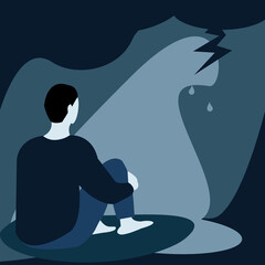 Depression man Lonely man is depression, sitting and bowing down . The concept of support and care for people under the concept of depression, stress. Vector flat isolated on a dark blue background