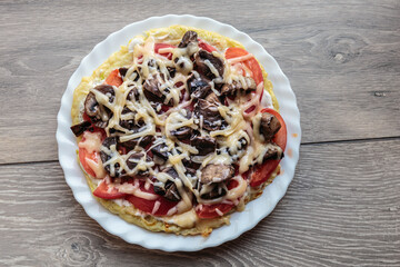 Fresh cheese pizza with mushrooms on the table, Italian traditional appetizer.