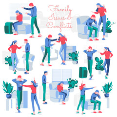 Family relationships problems set. Spouses shouting and arguing during conflicts. Misunderstanding between relationship breakup, divorce concept flat vector illustration