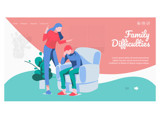 Family conflict landing page template. Couple quarreling, husband shouting at wife. Relationship breakup, divorce concept flat vector illustration