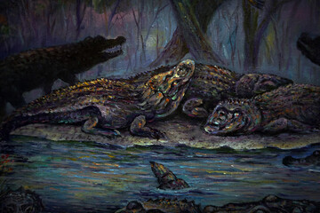 Art oil painting Nature A Many crocodiles live in the pond. background from thailand