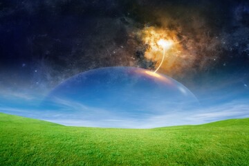 Spectacular sci-fi image - deep space teleportation science experiment, big transparent dome over green field. © IgorZh