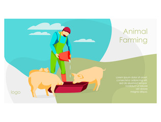 Animal farmer landing page. Male famer feeding pigs pouring water in trough. ivestock agricultural industry. Eco farming and agriculture concept flat vector illustration