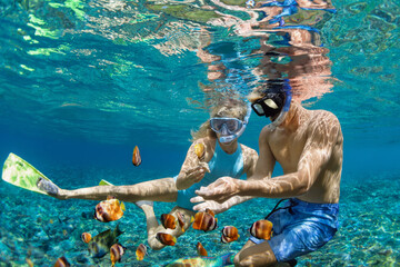Happy family vacation. Young couple in snorkeling mask hold hand, dive underwater with fishes in coral reef sea pool. Travel lifestyle, watersport adventure, swim activity on summer beach holiday - obrazy, fototapety, plakaty