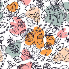 Floral forest autumn cute doodle seamless vector pattern