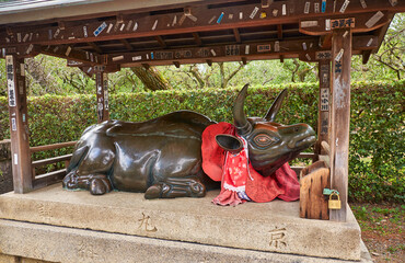 The statue of ox lying down under the roof at Kitano Tenmangu shrine. Kyoto. Japan