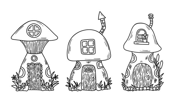 Cute fairy tale mushroom houses doodle vector set