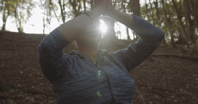 Body Positive Black Female Yoga Exercise Outdoors, Plus Size Obese Overweight Black Woman Meditating In Forest