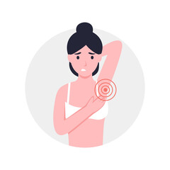 Woman with underarm pain or armpit pain. Flat vector cartoon modern illustration. Hidradenitis suppurativa.