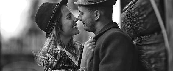 vintage couple in love village black and white french retro style man and woman