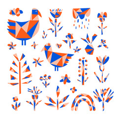 Collection of natural flower and bird elements on white background in patchwork style. Multicolored vector illustration with flowers, birds, leaves