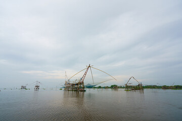 Large fish traps of fishermen in the lake