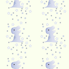 Seamless pattern with cute blue dinosaur and stars on yellow background