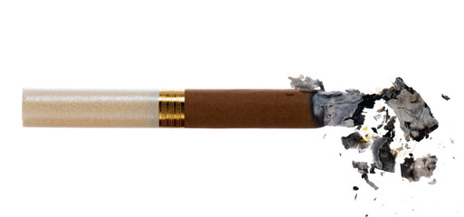 Lit brown cigarette isolated on white background