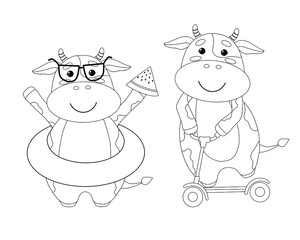 Vector cute linear cows or bulls. Symbol of year 2021. Two calves, doing summer hobbies, swimming and scootering, Coloring page for kids. Isolated on white background
