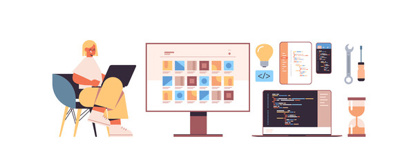 Fototapeta premium female web developer using laptop creating program code development of software and programming icons set full length horizontal vector illustration