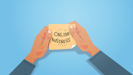 businessman hands holding yellow sticker online business written on sticky note paper horizontal vector illustration