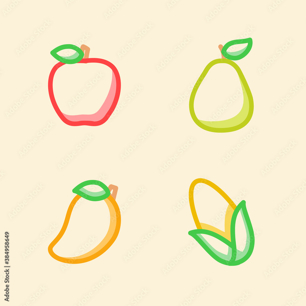 Poster fruit icon set collection apple pear mango corn white isolated background with stroke color outline 