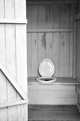 A simple clean rural toilet with a plastic seat in a wooden booth.