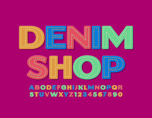 Vector trendy emblem Denim Shop. Colorful Jeans Font. Creative textile Alphabet Letters and Numbers set
