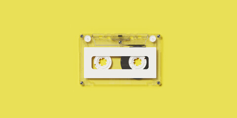 Fototapeta premium Minimal creative background for retro technology concept. Clear cassette tape with white label on yellow background. 3d rendering illustration. Clipping path of each element included.