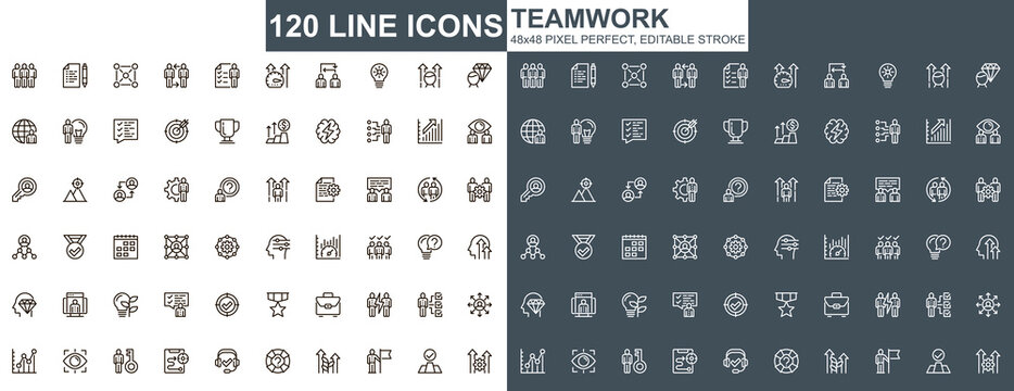 Teamwork thin line icons set. Corporate partnership and business team collaboration unique design icons. Businessman cooperation outline vector bundle. 48x48 pixel perfect linear pictogram pack.