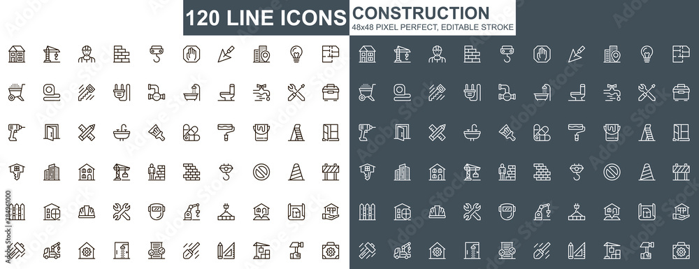 Fototapete construction thin line icons set. construction site workflow and management unique design icons. mac