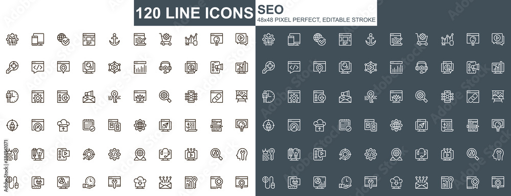 Poster Seo optimization thin line icons set. Content analysis, online marketing and research unique design icons. Search engine optimization outline vector bundle. 48x48 pixel perfect linear pictogram pack.
