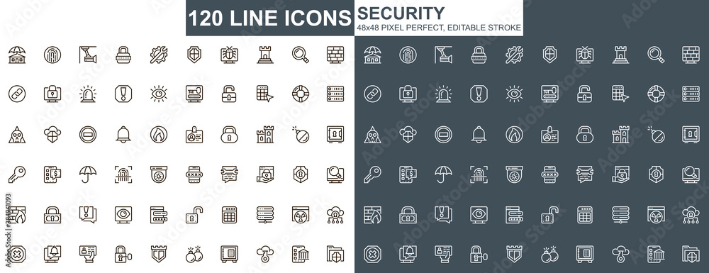 Poster security thin line icons set. data protection, internet privacy unique design icons. cybersecurity s