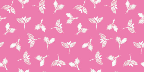 Seamless organic pattern, white spring sprout. Botanical elegant pink background. Sketch style. Girl, rose, cute decor. Good for textile, fabric design, wraping paper, package and card design.