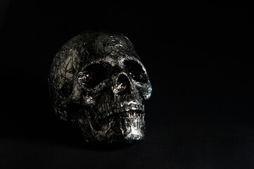 human silver skull on black background