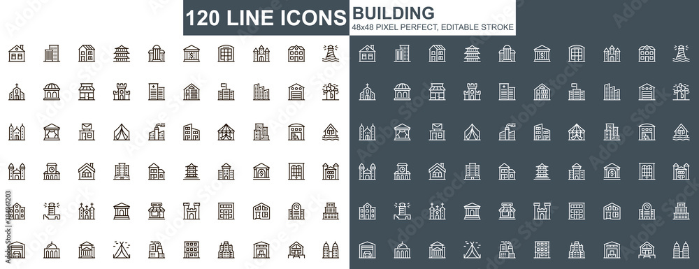 Poster building thin line icons set. real estate property, engineering and construction unique design icons