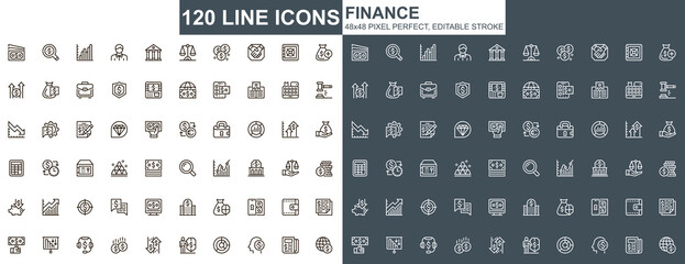 Finance thin line icons set. Online banking, capital investment unique design icons. Financial deposit, payment and exchange currency outline vector bundle. 48x48 pixel perfect linear pictogram pack.