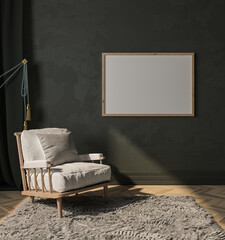 mock up modern interior sofa in living room dark green wall,  horizontal frame, empty space, 3D render