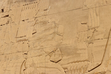 Ancient egyptian paintings and hieroglyphs on the wall in Karnak Temple Complex in Luxor, Egypt