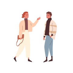 Modern adult woman and man wearing casual outerwear meet each other. Stylish couple or friends communicating outdoors. Scene of talking characters. Flat vector cartoon illustration isolated on white