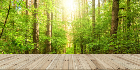 Fototapeta premium wooden table with a view of blurred forest backdrop