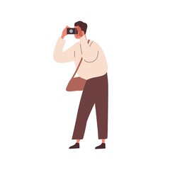Modern man photographing. Male photographer taking picture. Tourist hold camera. Young reporter taking photo. Flat vector cartoon illustration isolated on white