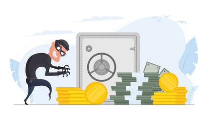 The robber steals money. The criminal steals gold coins. Robbery and finance security concept. Flat style, vector.