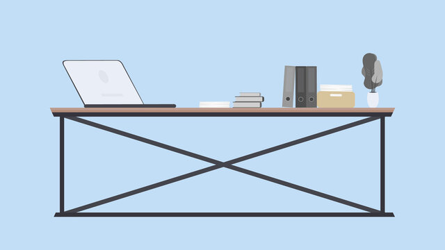Loft style table. Workplace, books, documents, laptop. Vector.