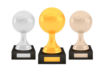 Winner basketball awards set, gold silver bronze trophy cups on stands with empty plates - 384962200