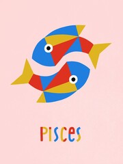 Pisces zodiac sign. Magic characters. Hand drawn abstract geometric illustrations with zodiac astrological contemporary signs symbols collection set.Twelve astrological poster. 