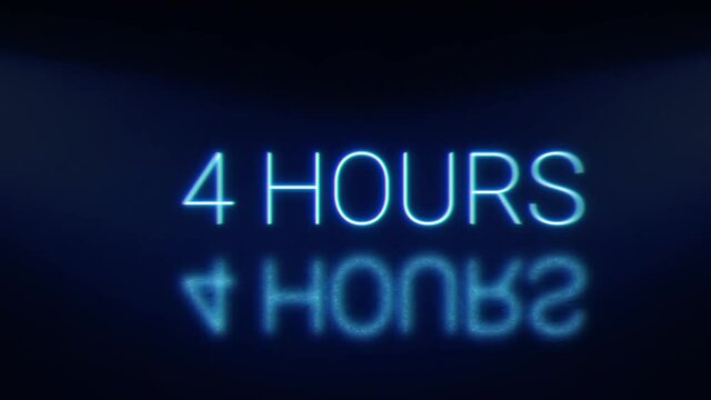 24 hours bright glowing neon blinking signboard. Blue letters with shadow.